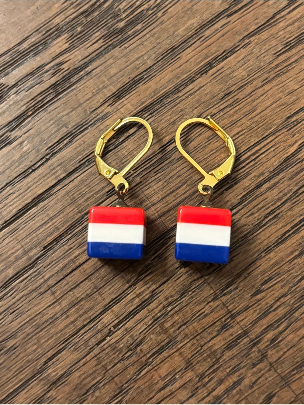 Vintage Leverback Drop Earrings with Red, White & Blue Lucite Cube